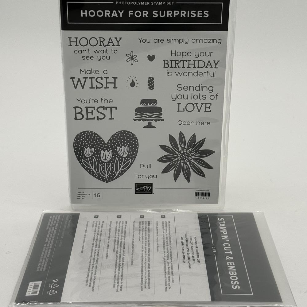 Stampin' Up! HOORAY FOR SURPRISES Stamp & Die Set Sentiments‎ Heart Cake Flower.
